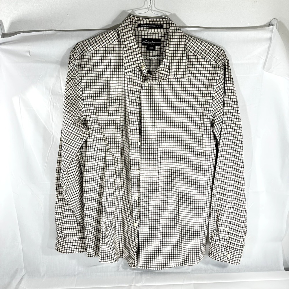 Eddie Bauer Men's Cream Plaid Button‎ up LS Shirt Wrinkle Resistant Classic Fit